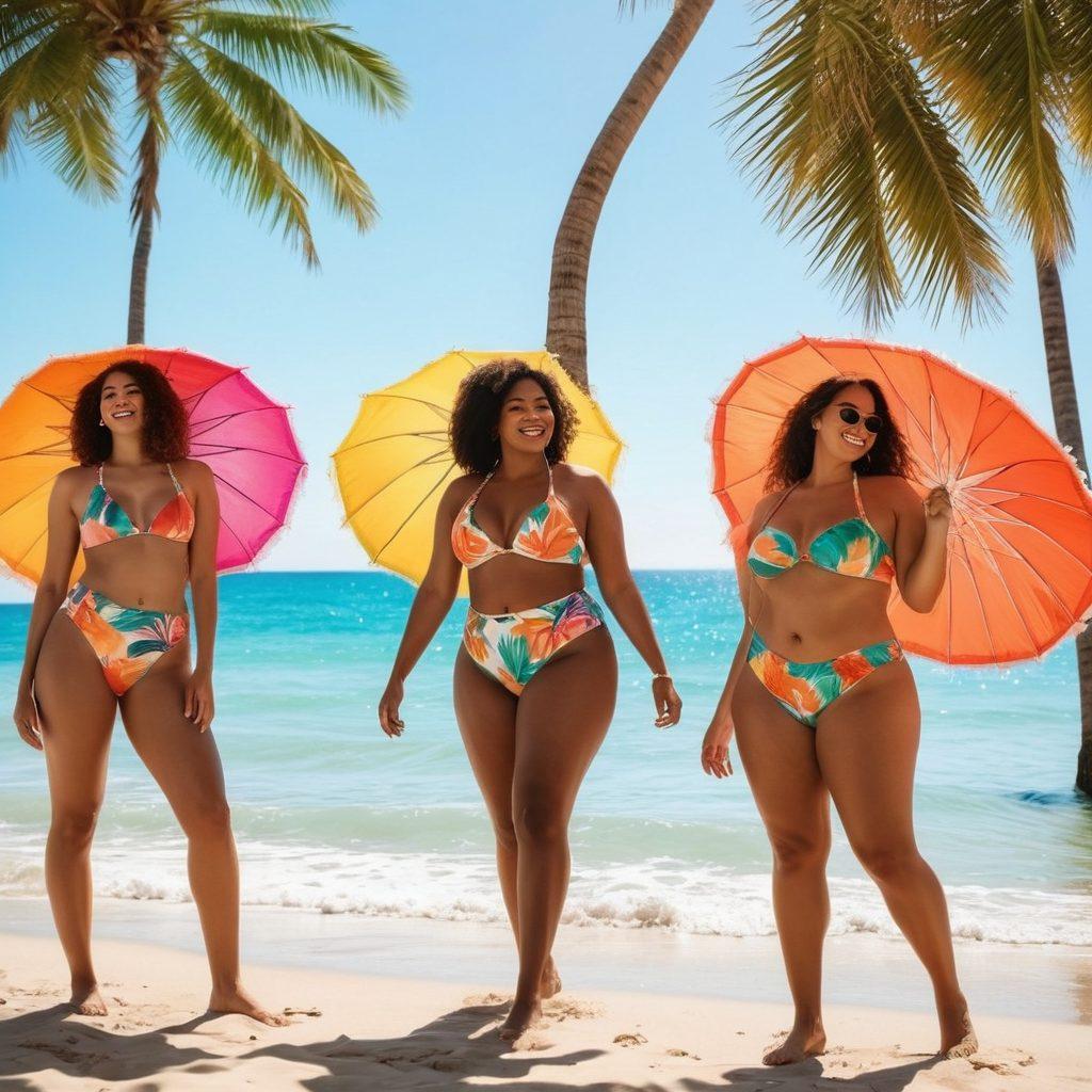 A sun-drenched beach scene showcasing diverse women in stylish bikinis, confidently flaunting their unique summer styles. Include vibrant beach umbrellas, playful waves, and palm trees in the background. Emphasize a carefree and joyful atmosphere as they socialize, laugh, and embrace body positivity. Bright colors and warmth radiate throughout the scene, evoking a sense of summer bliss. super-realistic. vibrant colors. white background.