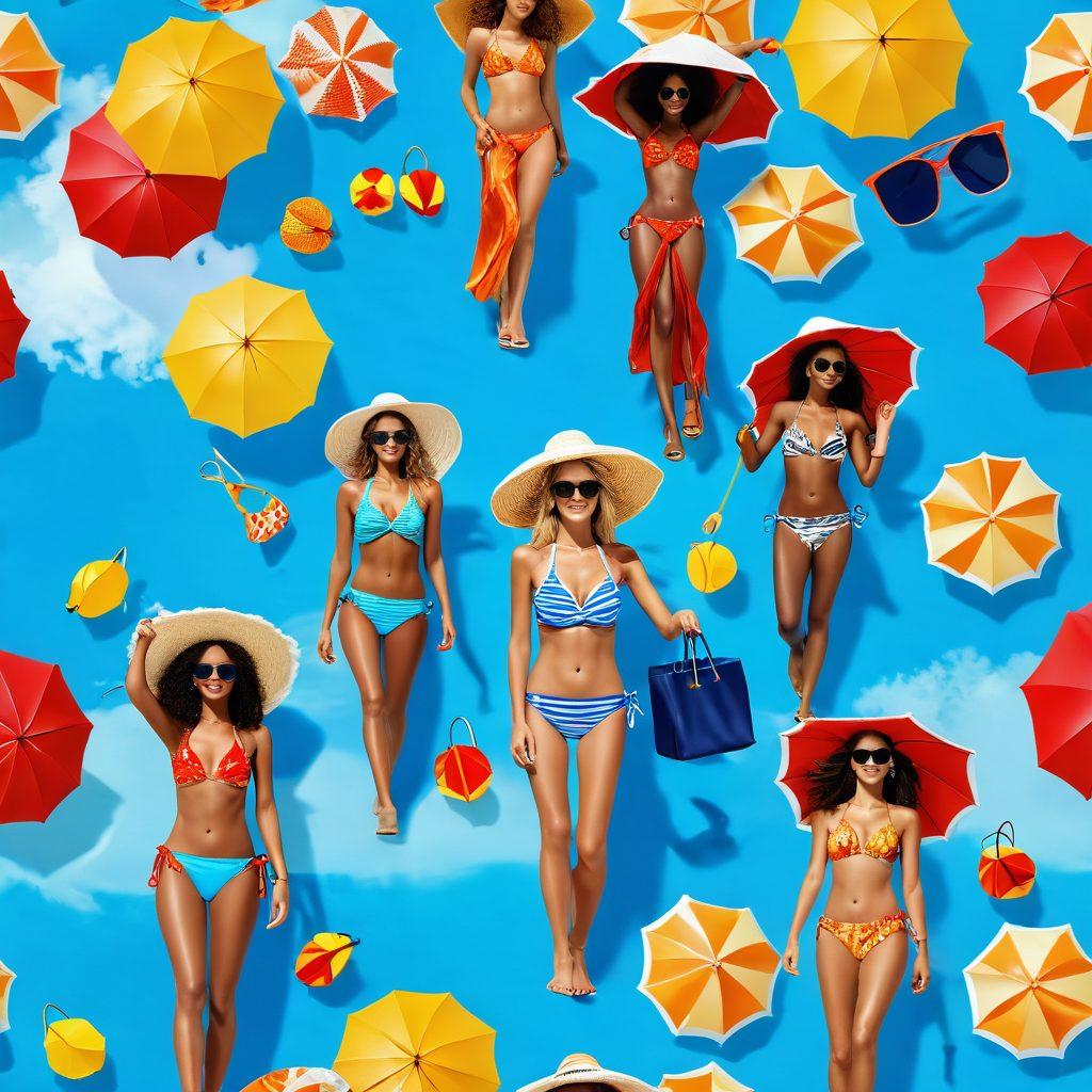 A lively beach scene featuring diverse models showcasing trendy bikinis and stylish beachwear, vibrant beach umbrellas in the background, clear blue skies, golden sand, and playful waves. Incorporate accessories like sun hats, sunglasses, and colorful beach bags to enhance the fashion vibe. Capture the essence of summer fun and relaxation. vibrant colors. 3D. tropical theme.