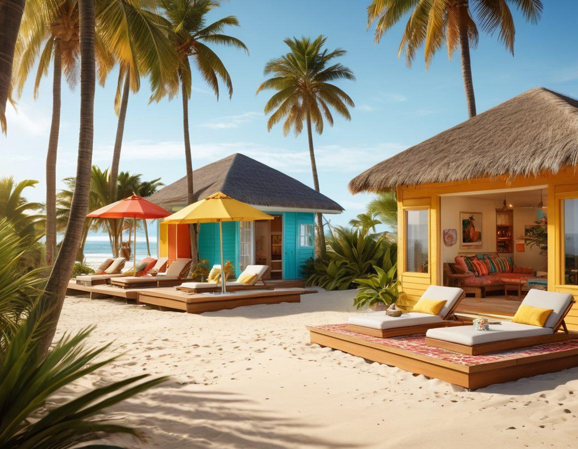 An elegant beach scene showcasing a diverse group of fashionable individuals enjoying the sun and surf, wearing trendy swimsuits and accessories. Include lush palm trees, a vibrant beach umbrella, and soft golden sand underfoot. A colorful surfboard leans against a beach cabana, with the ocean shimmering in the background. The atmosphere is bright, fun, and inviting, evoking a sense of adventure and style that resonates with a modern beach lifestyle. vibrant colors. super-realistic. 3D.